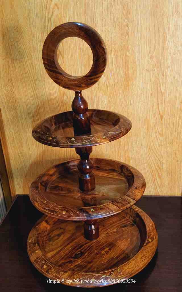 Natural Geo Rosewood Decorative Brown Tiered Stand With Brass Inlay IMG # 1