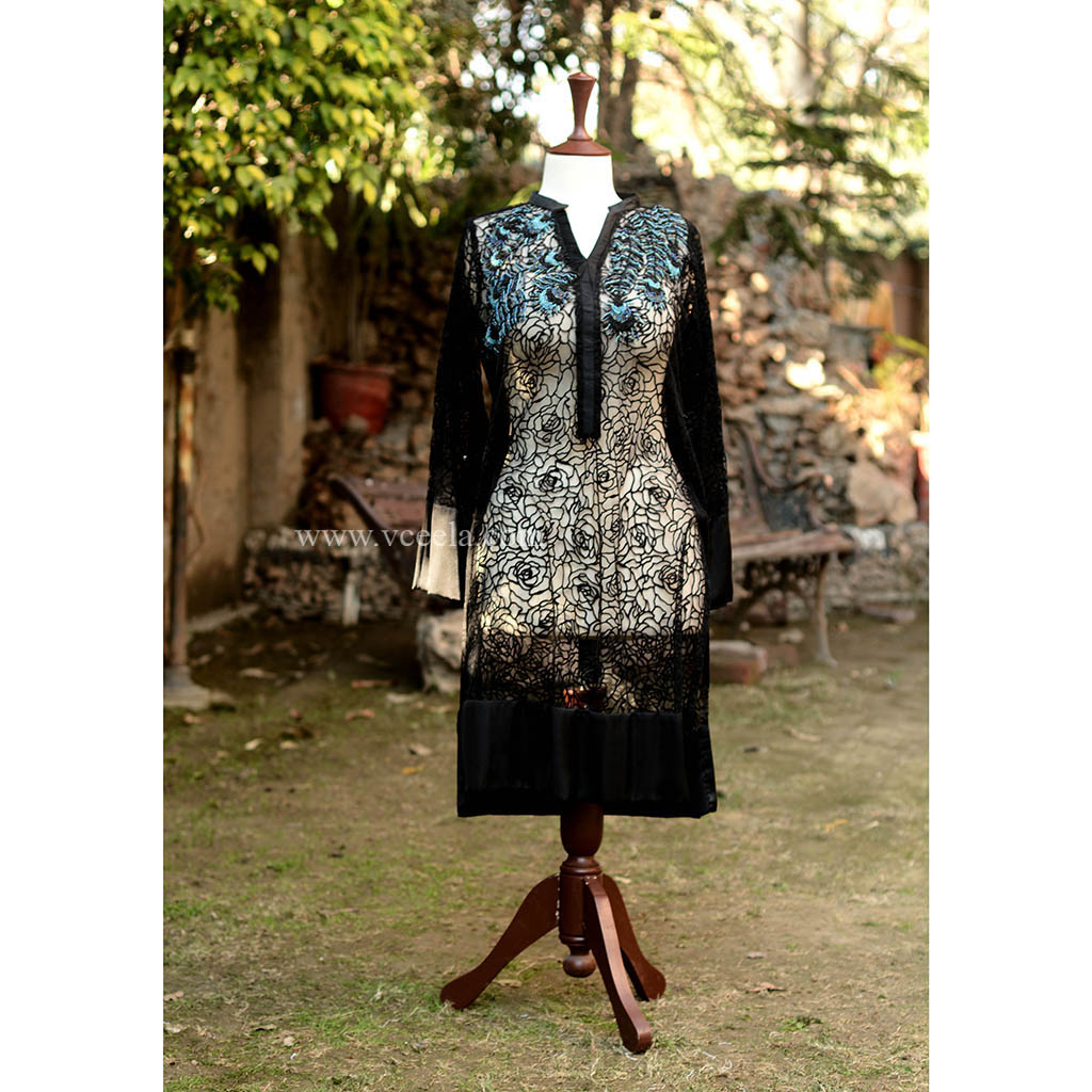 Embroidered Black Net Shirt