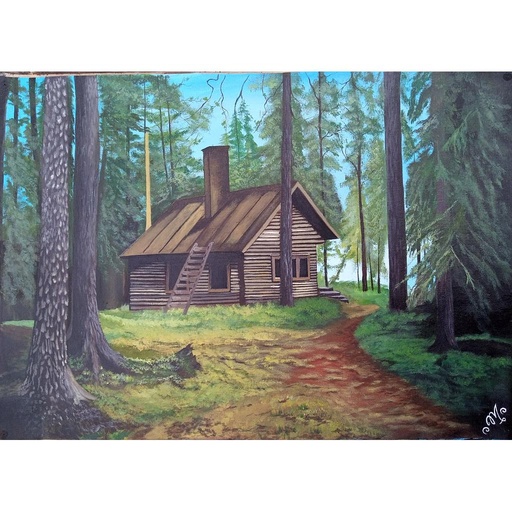 [PK3973-AR-ACR-013448] Acrylic Painting of a Hut in Forest