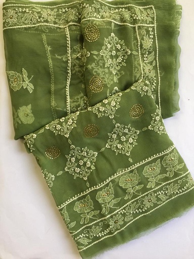 [PK2242-GN-GEN-007308] Chiffon Shirt and Dupatta With Chikankari Mukesh Work